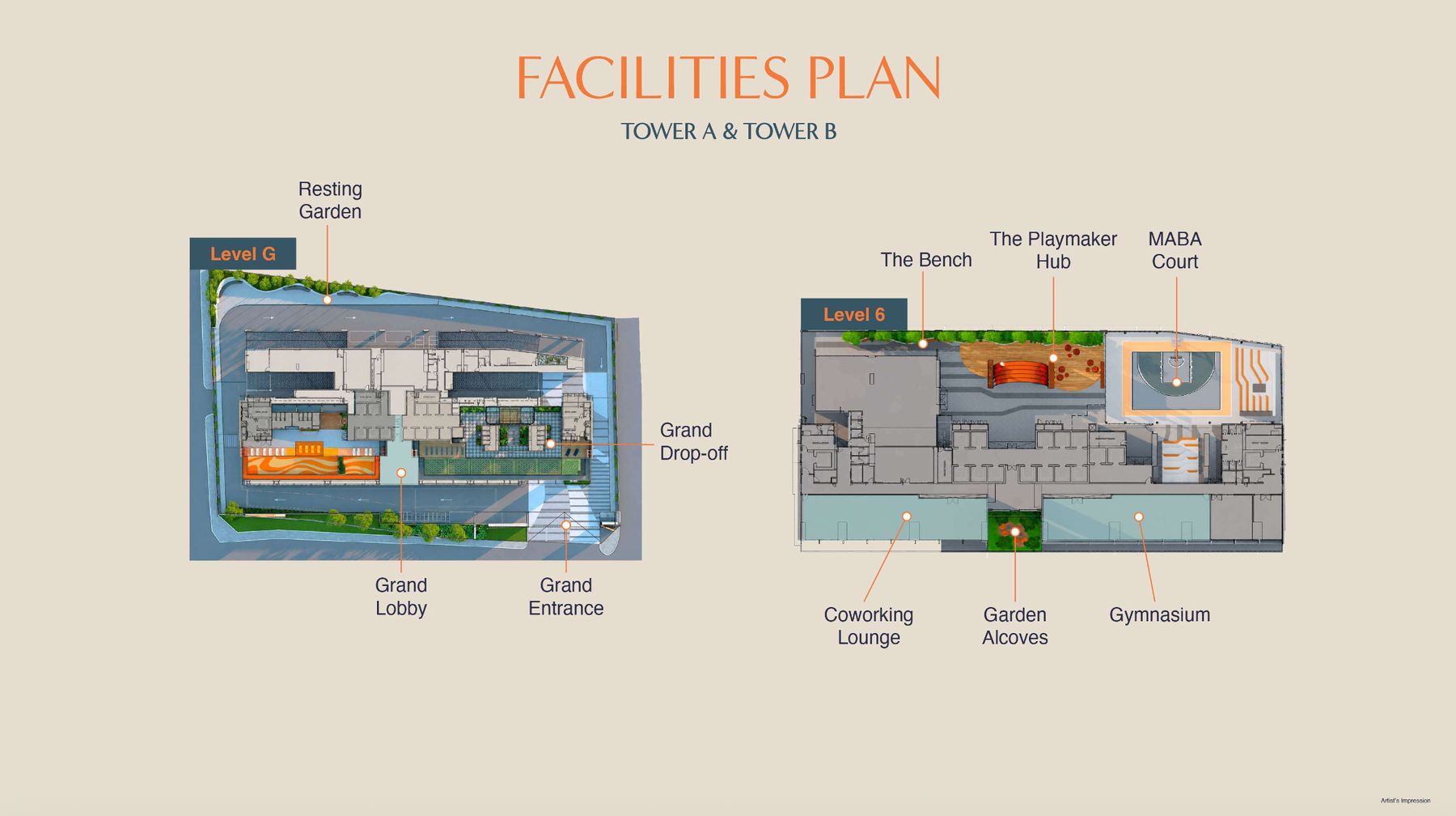 Facilities plan for Level G and Level 6, Tower A and Tower B at Maba Suitez. Grand Entrance, Grand Drop-off, Grand Lobby and Resting Garden on Level G; MABA Court, The Playmaker Hub, The Bench, Gymnasium, Coworking Lounge and Garden Alcoves on Level 6.